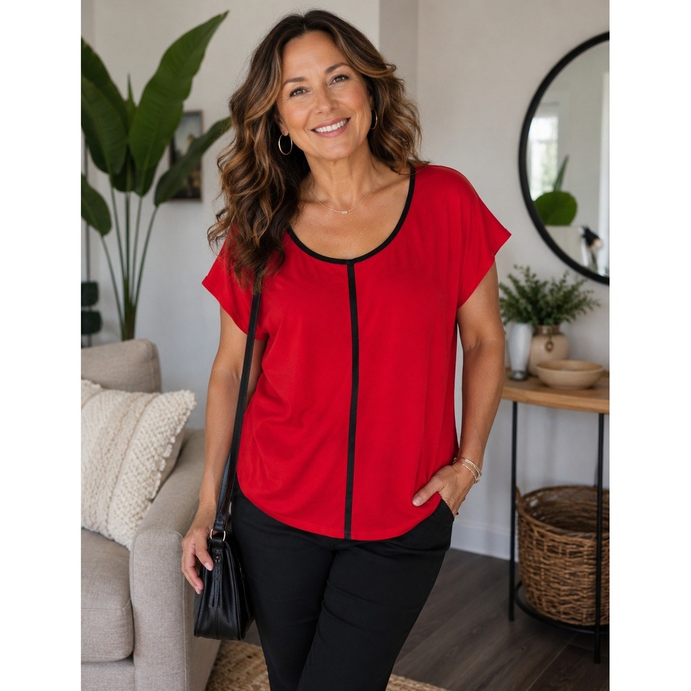 Chaus Sport Radiant Red Short Sleeve Scoop Neck Top XL Black Trim Stripe